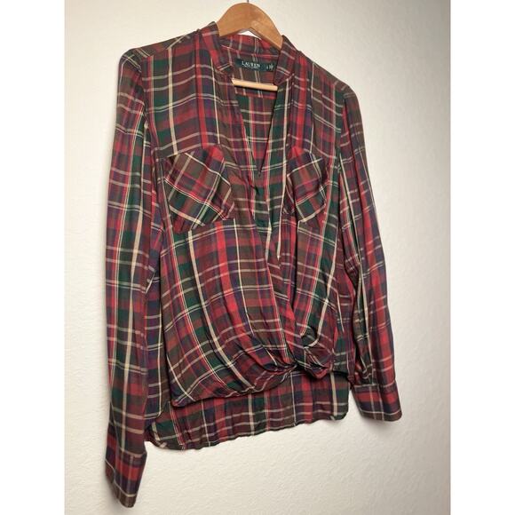 Lauren Ralph Lauren Plaid Twist Front Blouse L Red Green Long Sleeve Draped - Picture 7 of 11
